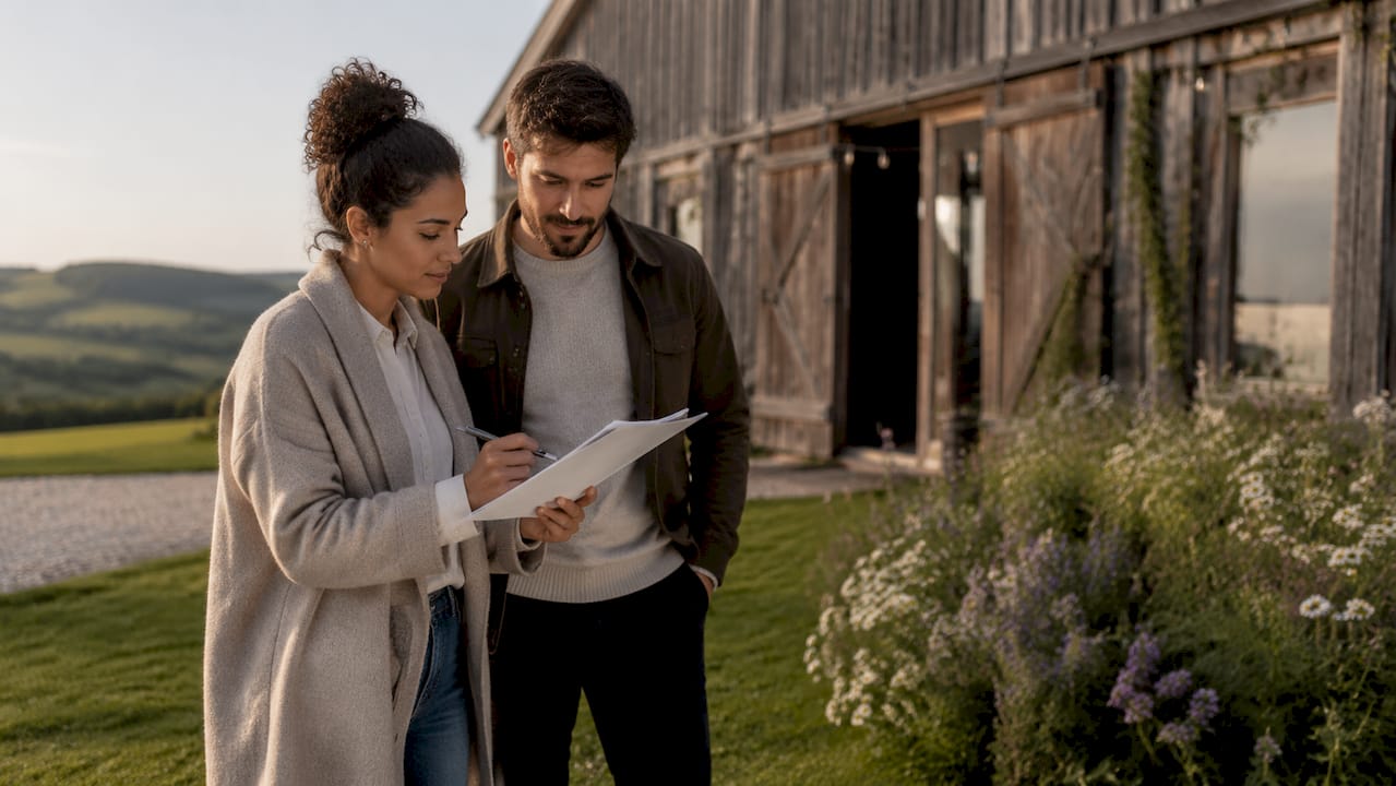 Couple evaluating UK wedding venue interior