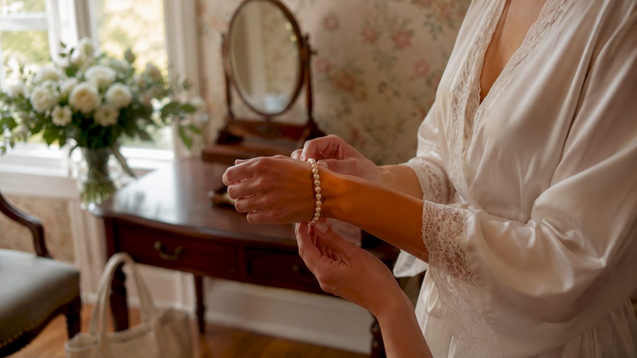 Close-up of bride fastening bracelet in preparation room