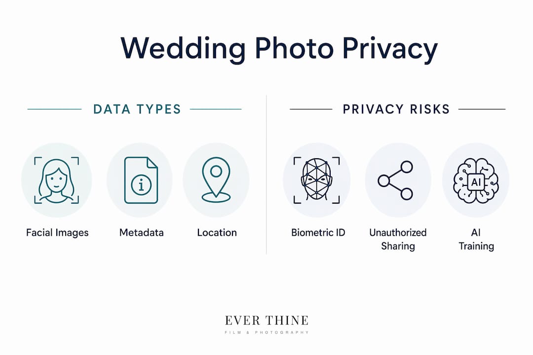 Infographic outlining wedding photo data types and privacy risks
