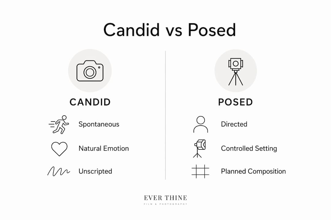 Infographic comparing candid and posed wedding photos