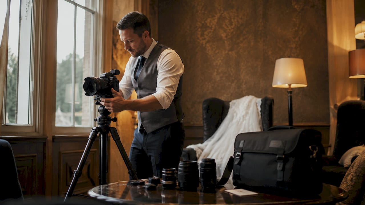 Wedding photographer preparing camera equipment
