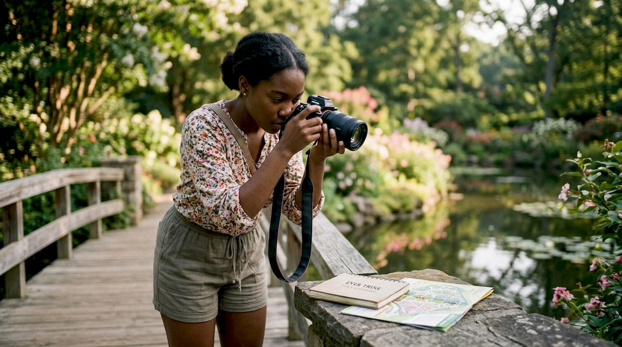 Female scout photographing wedding venue outdoors