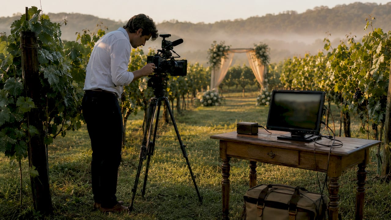 Videographer setting up camera at wedding venue