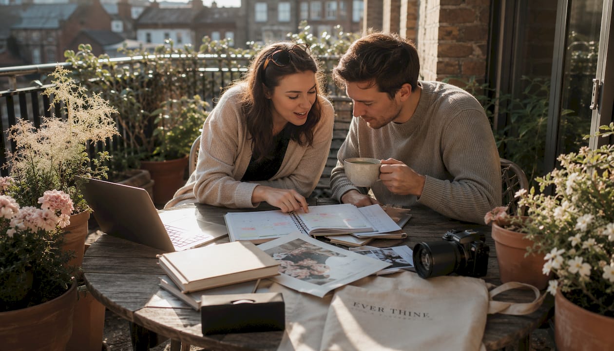 Couple planning wedding timeline together at home