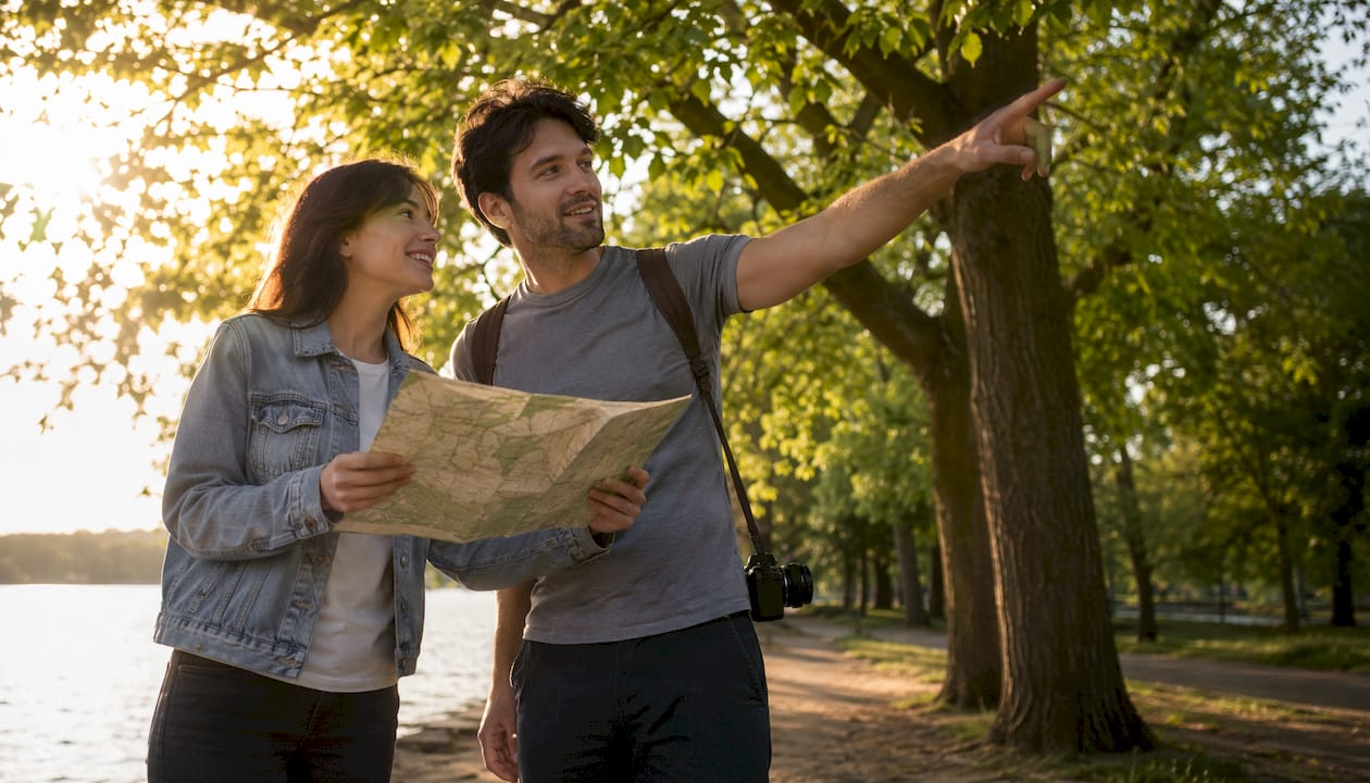 Couple planning engagement shoot location outdoors