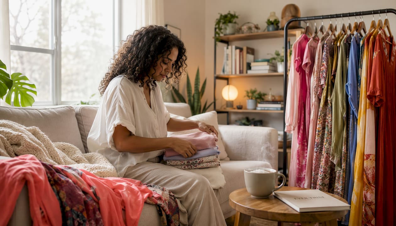Woman preparing outfits for engagement shoot