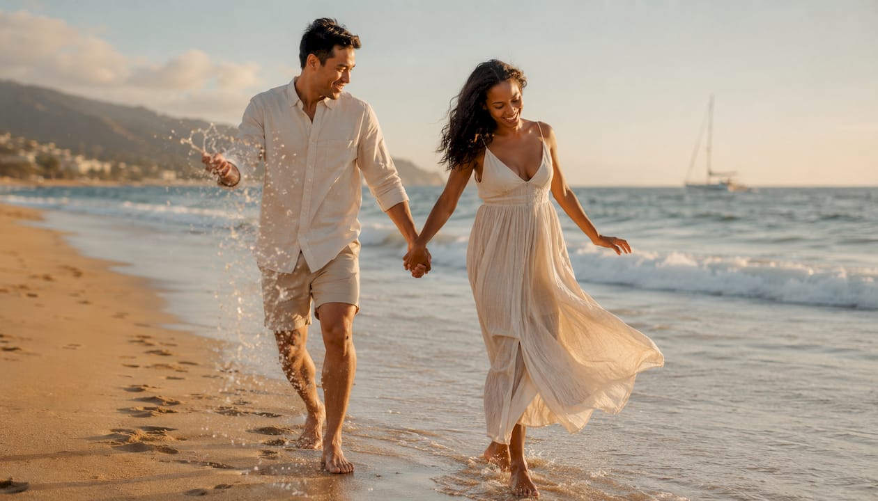 Couple posing casually during engagement shoot outdoors
