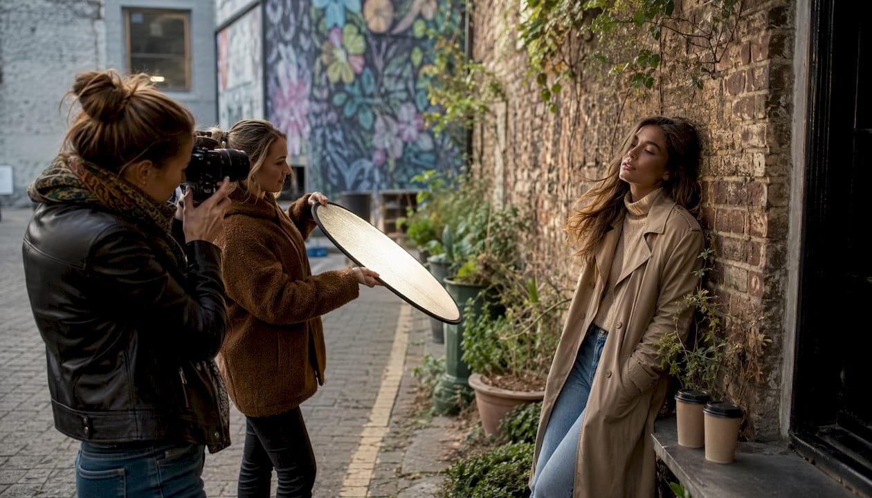 Photographer directing model in outdoor park photoshoot