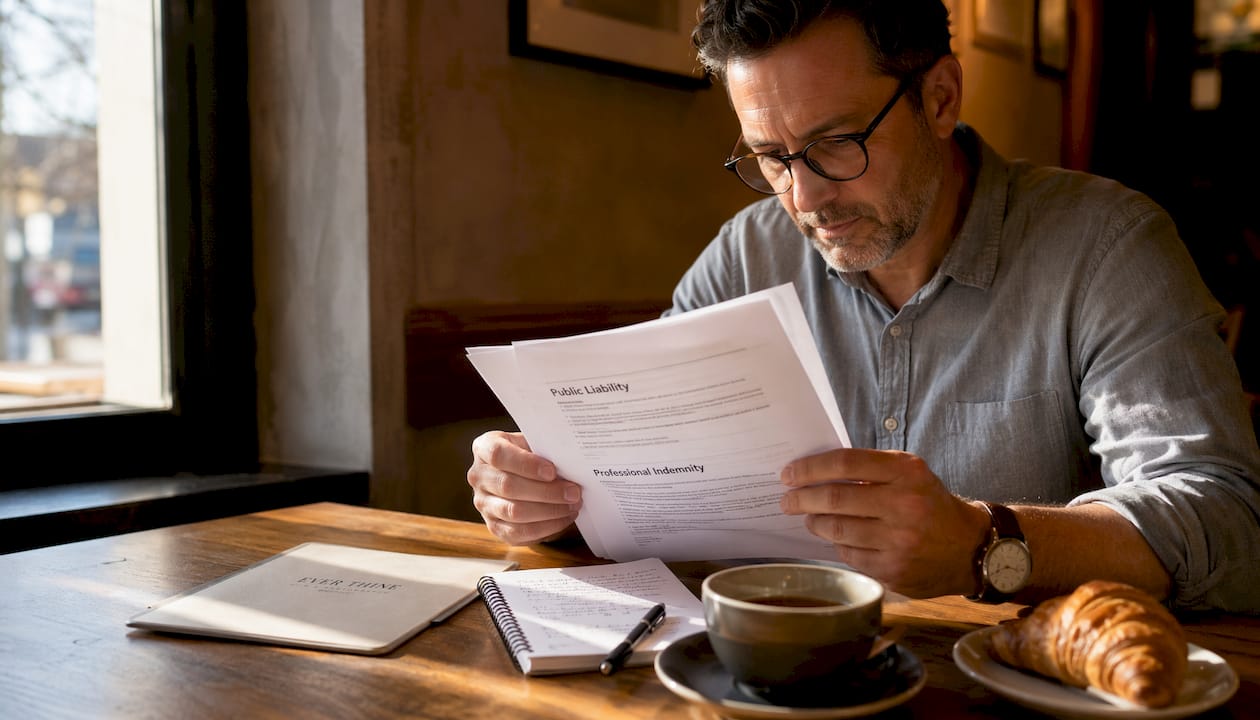Photographer reviewing insurance documents at desk