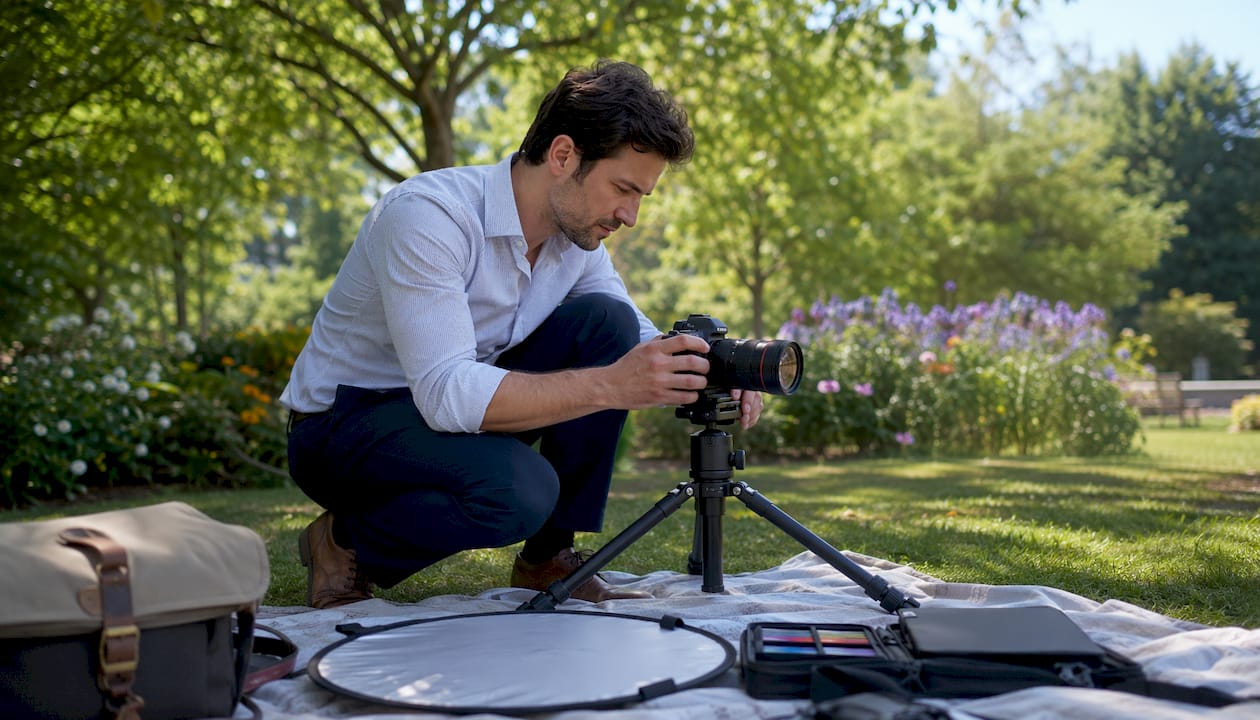 Photographer adjusting camera in studio setup