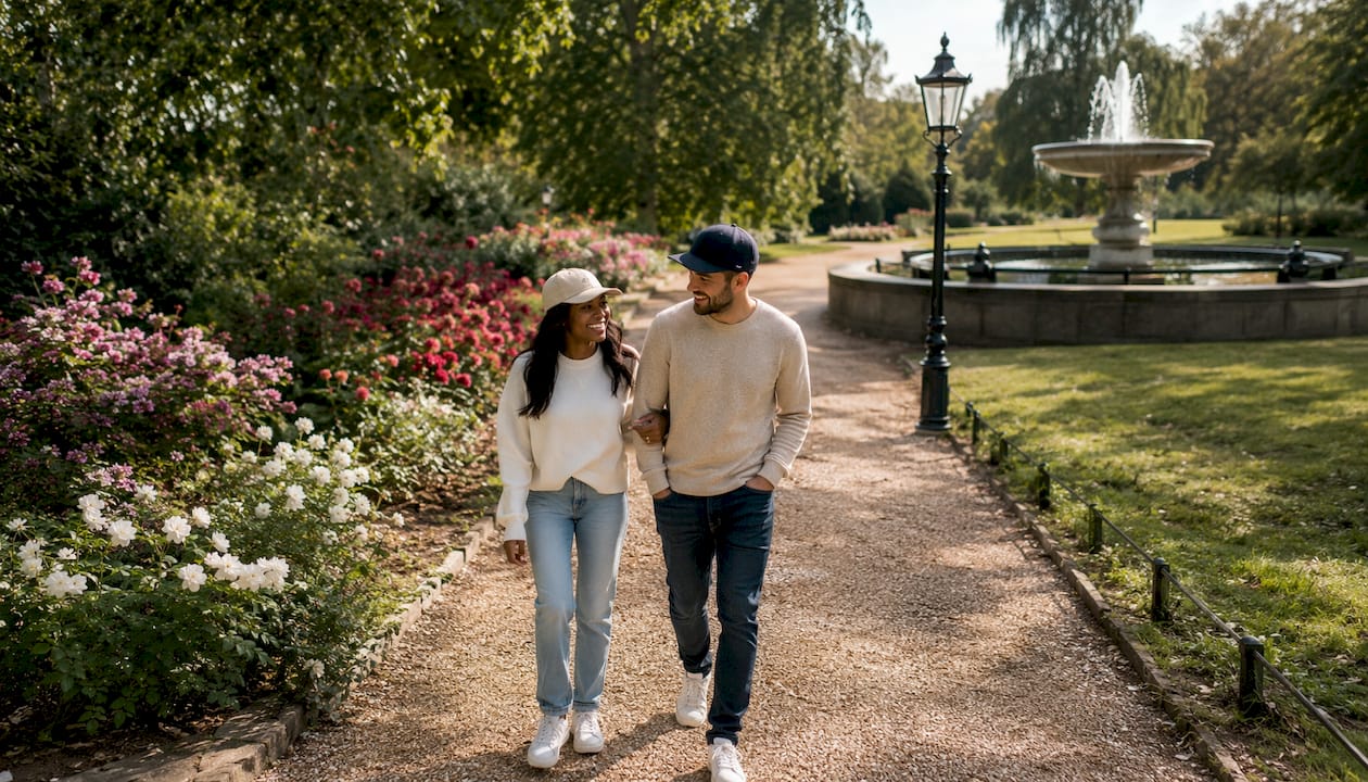 Couple walking in London Hyde Park autumn