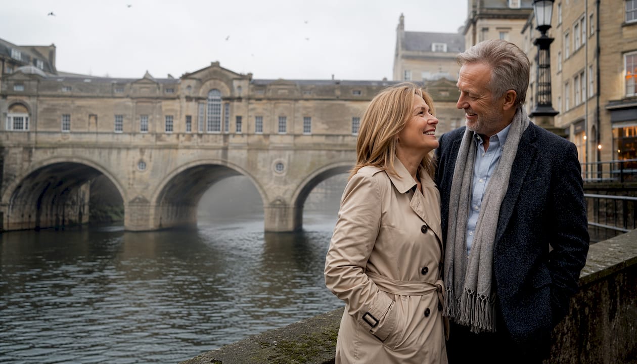 Couple by Royal Crescent Georgian architecture Bath