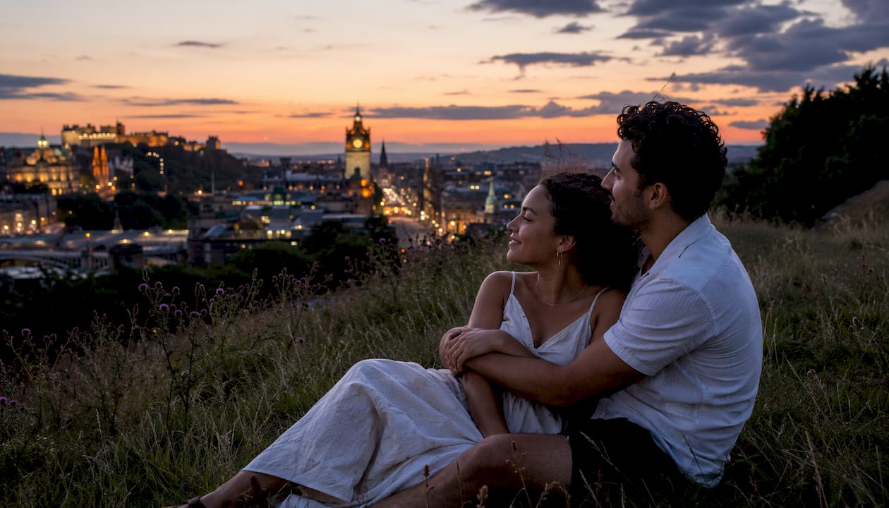 Couple on Calton Hill at sunset Edinburgh