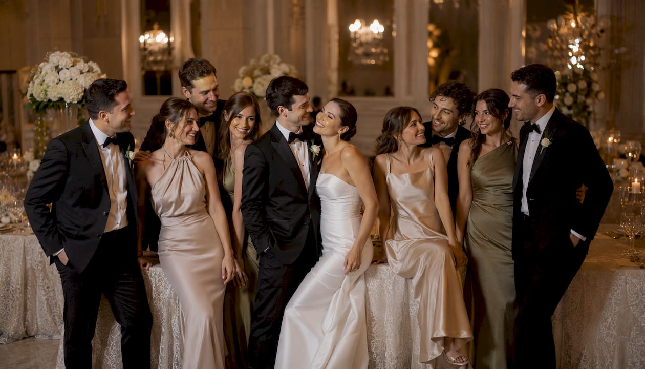 Wedding party group portrait in garden