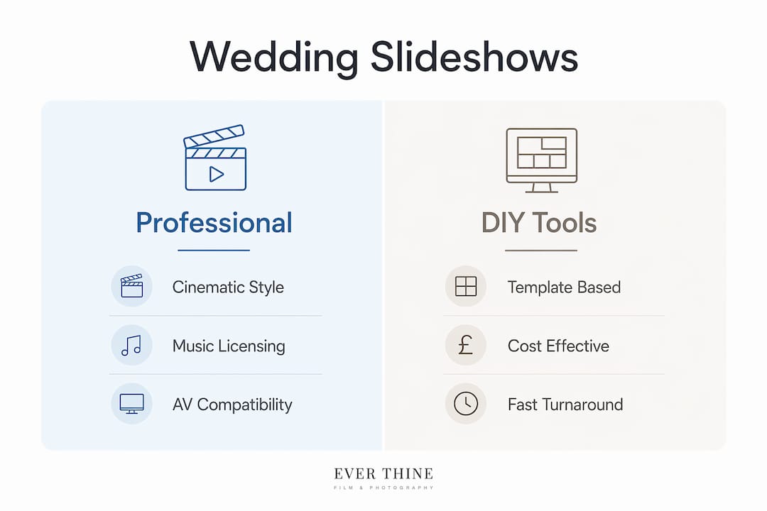 Infographic comparing professional and DIY wedding slideshow options