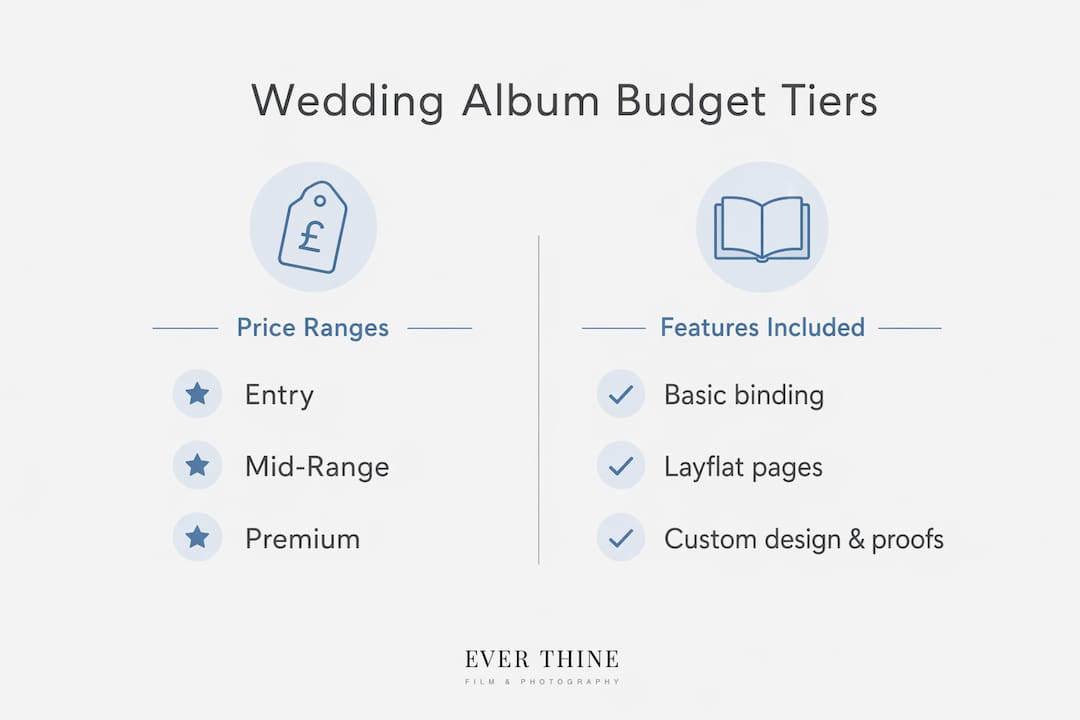 Infographic comparing wedding album price tiers and features