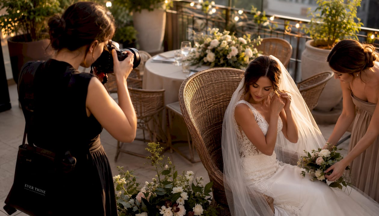 Wedding content creator photographing candid bridal prep
