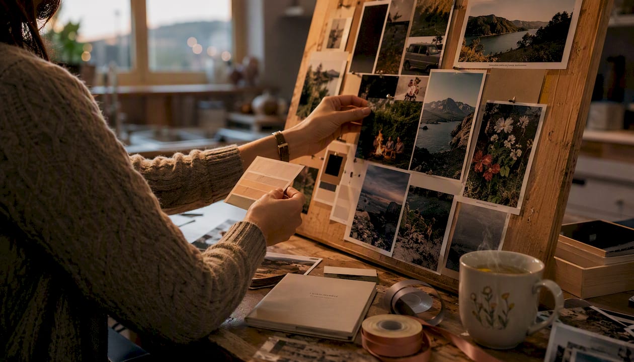 Hands arranging wedding photography moodboard