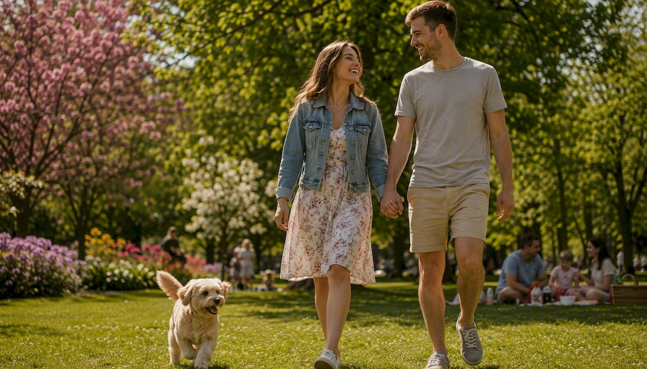 Couple walking naturally and candidly in city