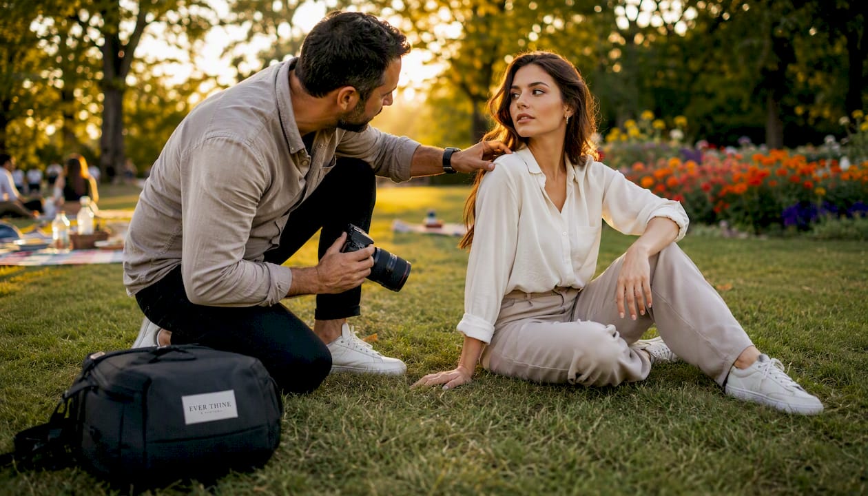 Photographer guiding model on pose correction