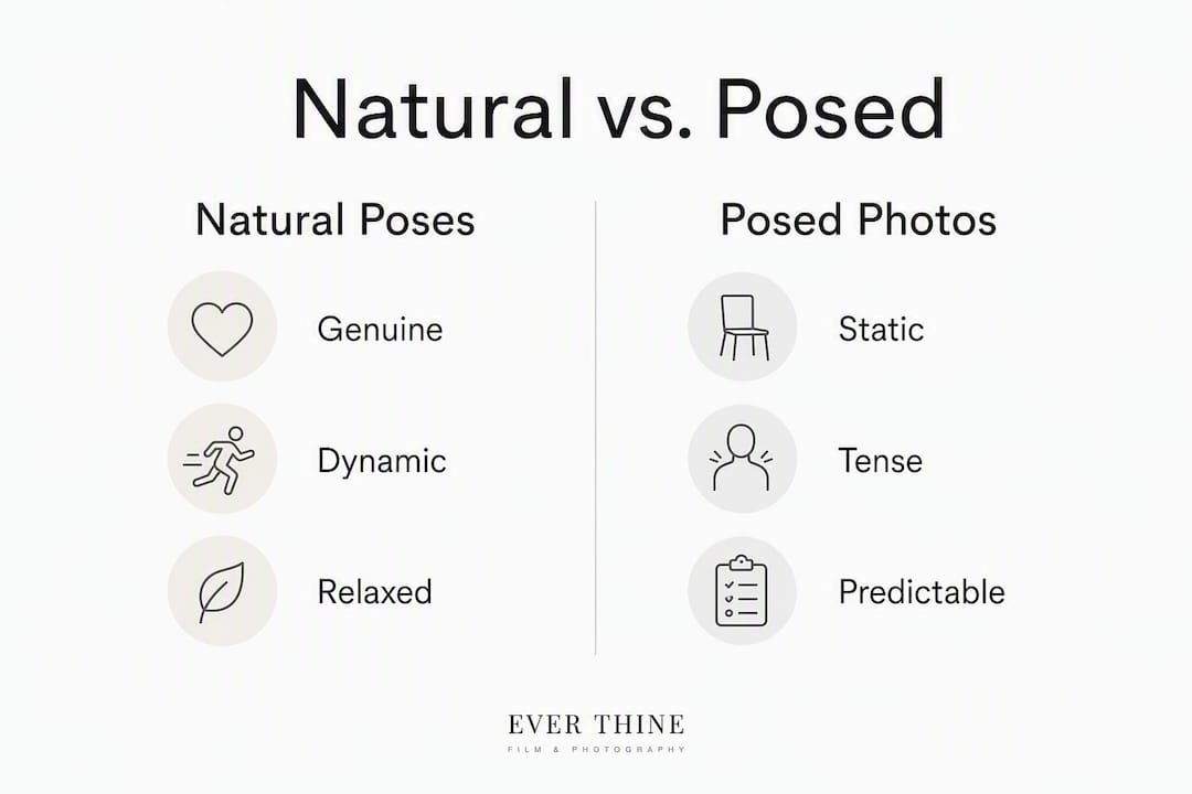 Infographic comparing natural and posed photo characteristics