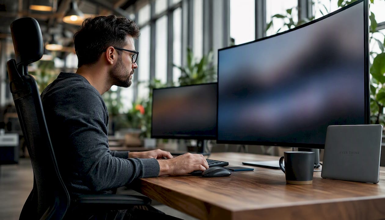Man comparing ultra-wide 4k and standard monitors