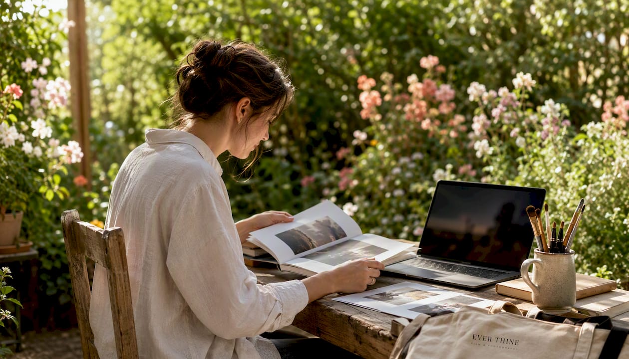Photographer comparing high-res print and screen image