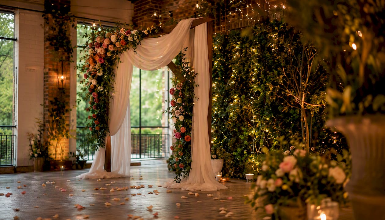 Assortment of wedding photo backdrops in venue