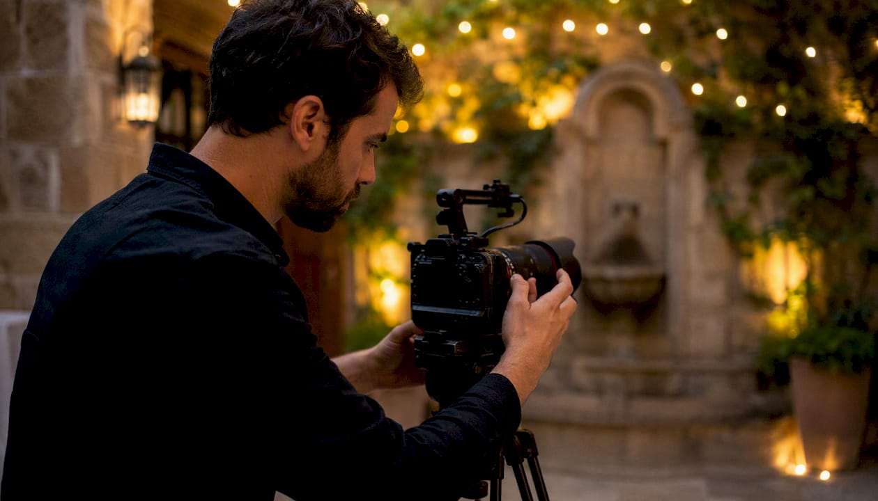 Videographer setting up camera at wedding