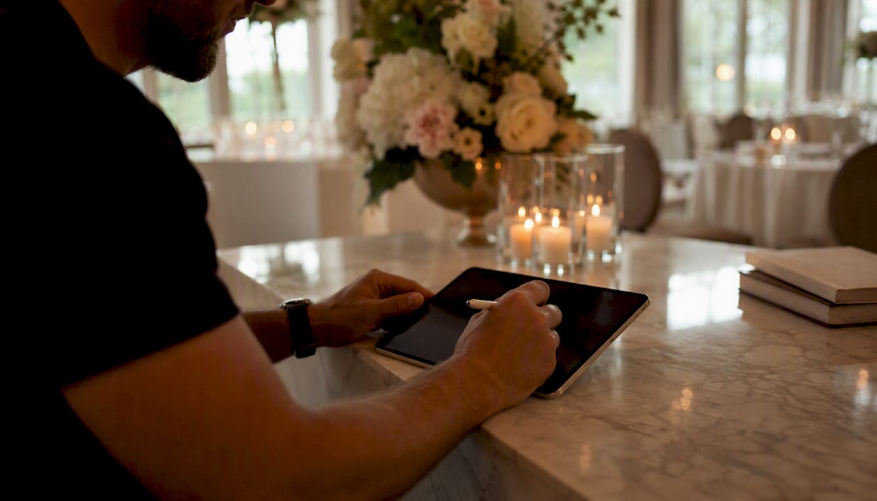 Hands managing shot list on tablet