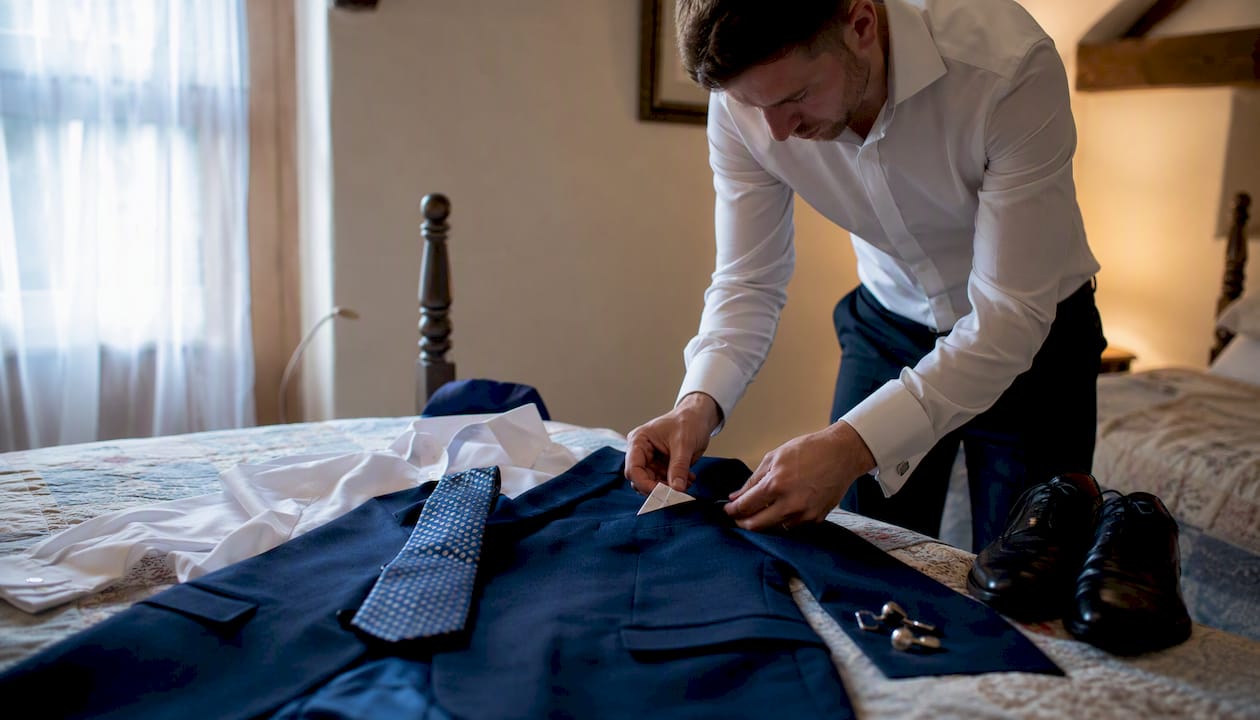Groom arranging suit and wedding accessories on bed