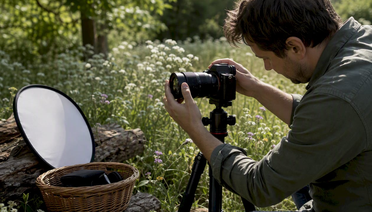 Photographer adjusting 85mm lens with diffuser nearby