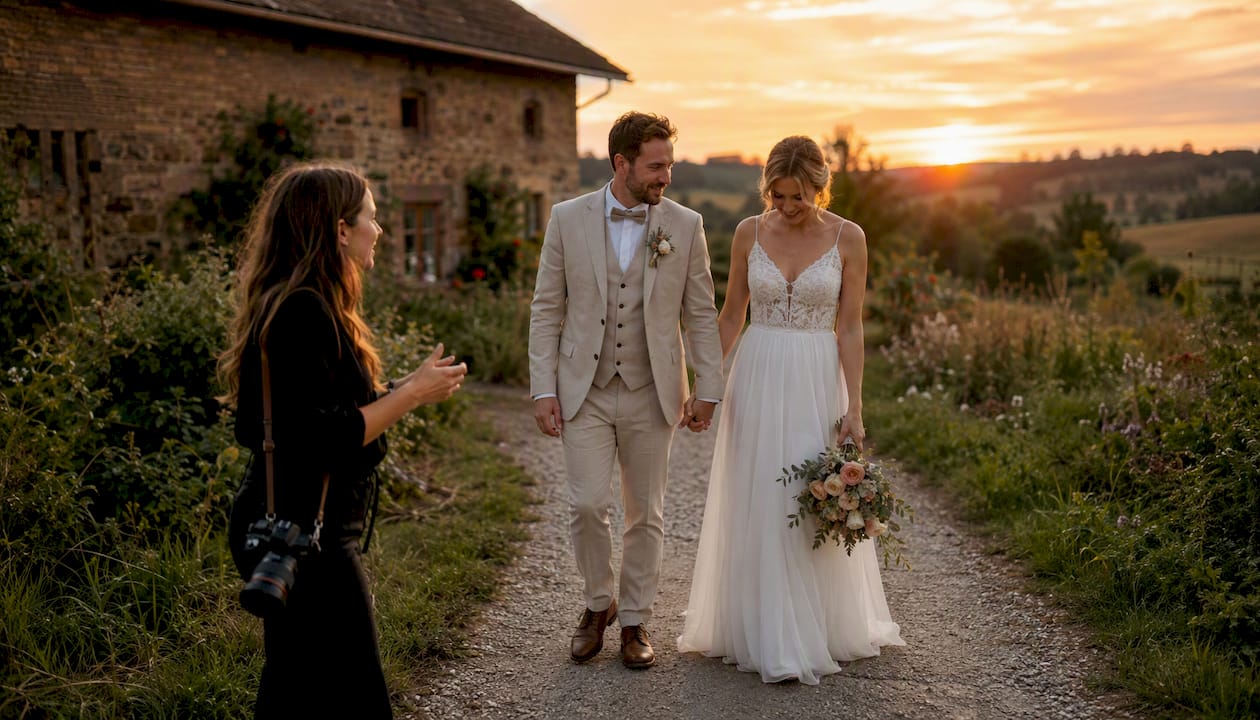 Photographer directing a shy couple outdoors