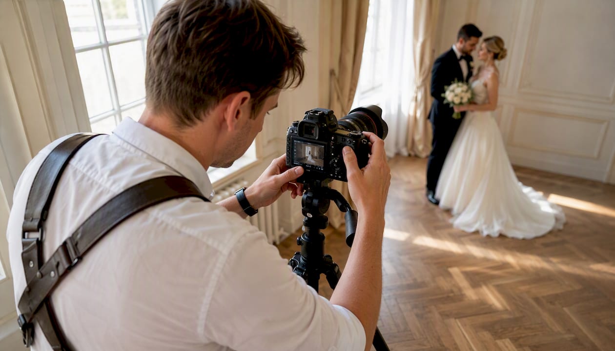 Photographer adjusting camera at wedding