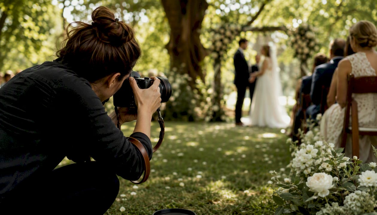 Photographer capturing wedding ceremony moment