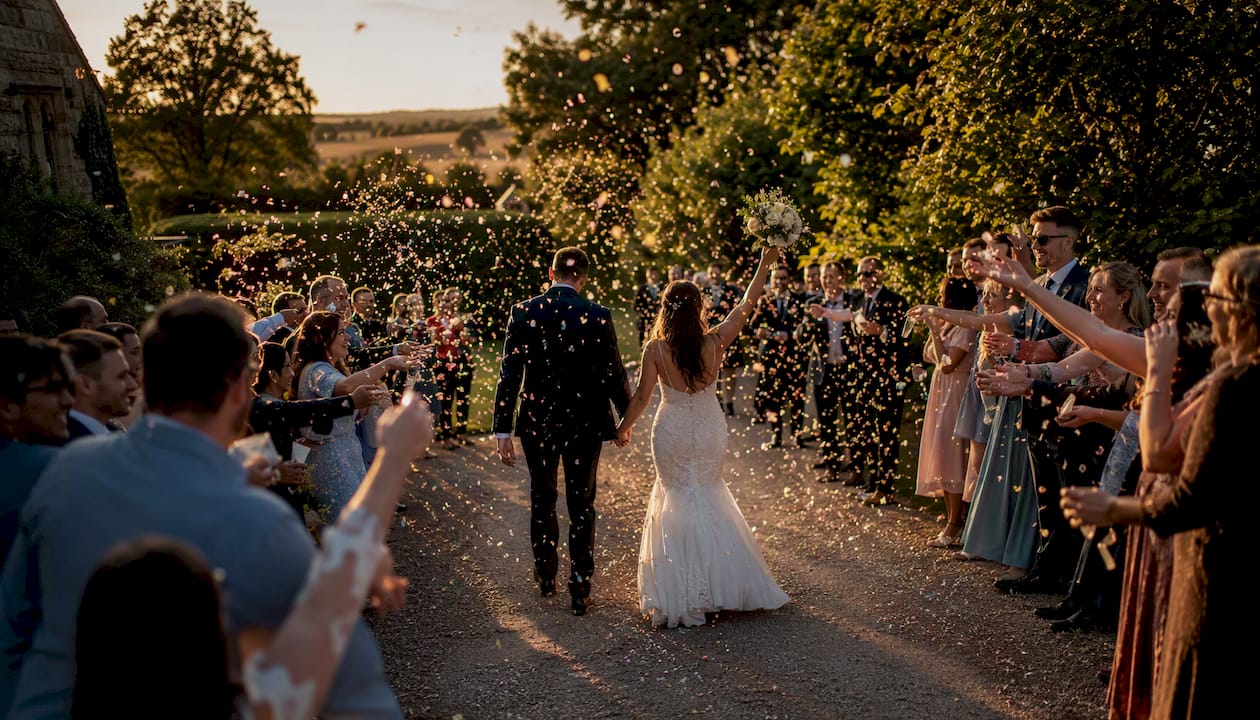 Confetti toss during wedding recessional
