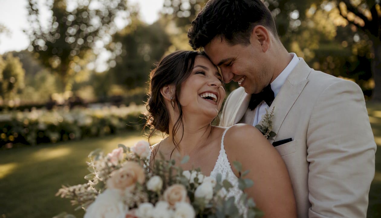 Intimate candid couple wedding portrait with details