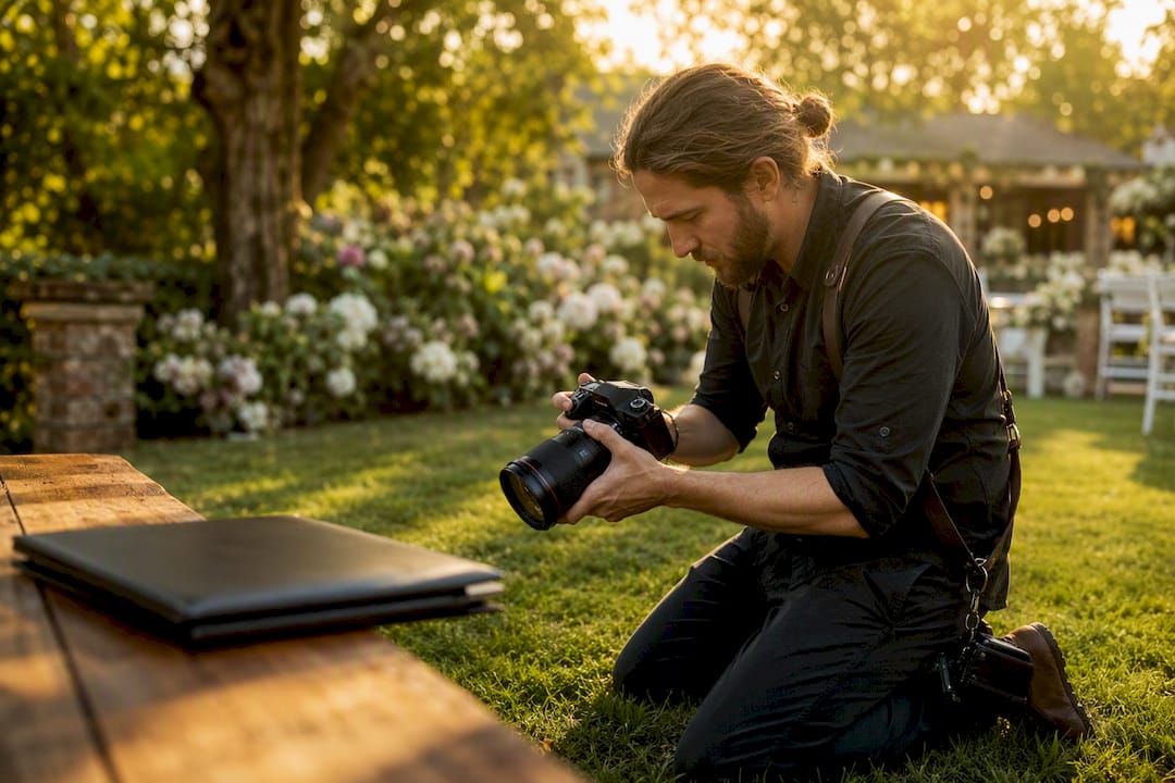 Photographer adjusting camera in wedding venue