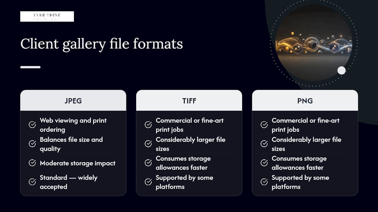 Diagram comparing file formats and resolutions in client galleries