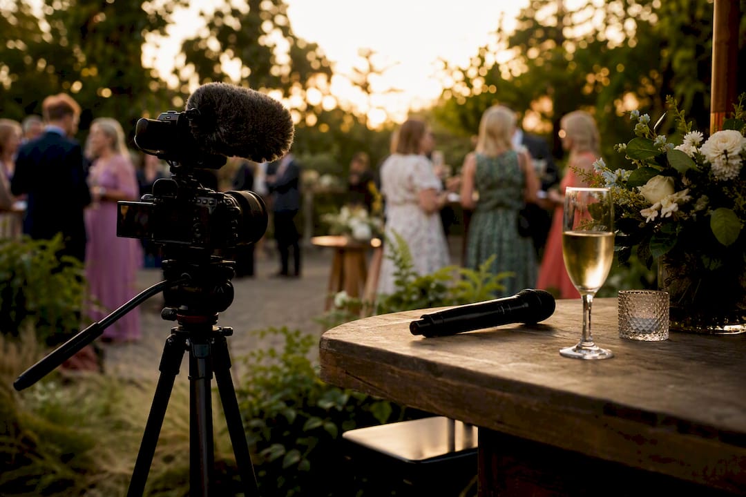 Wedding guest interview filming equipment at venue