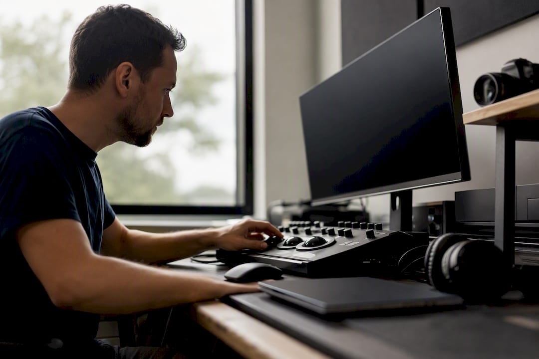 Wedding videographer editing film timeline