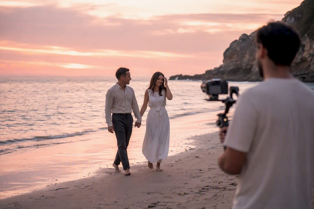 Couple walking filmed by videographer outdoors