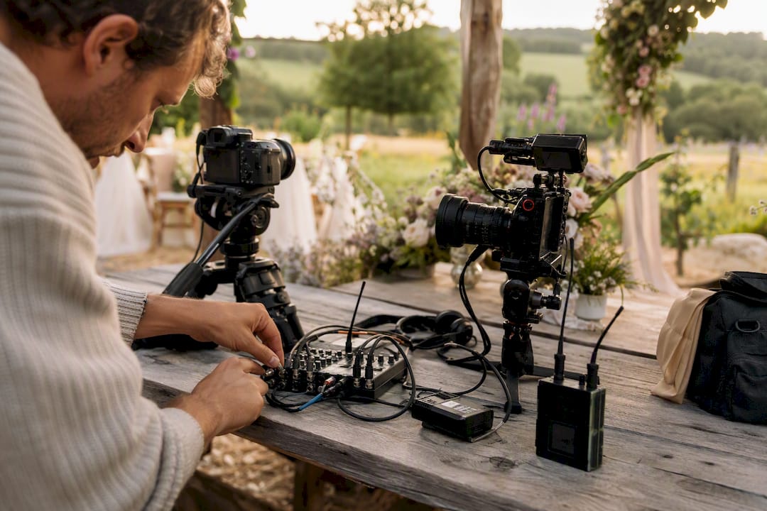 Two-camera wedding videography gear and audio setup