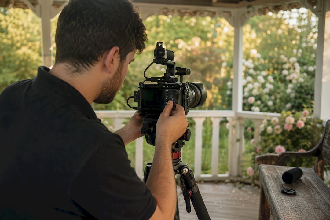 Wedding videographer adjusting camera in UK garden