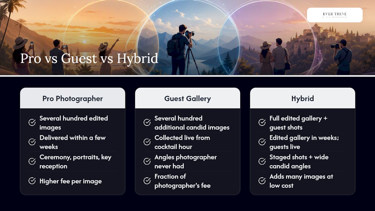 Comparison infographic of pro vs guest wedding photos