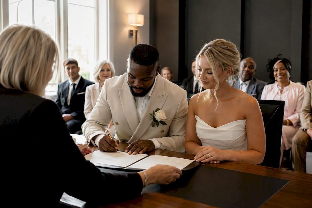 Couple signing register after ceremony