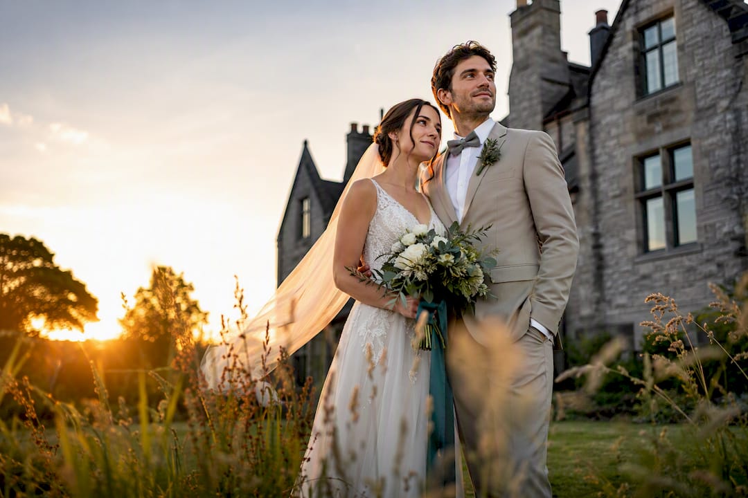 Couple taking portraits in golden hour light