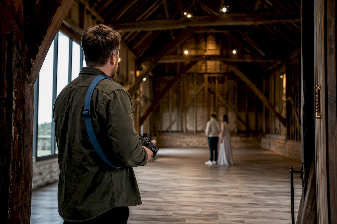 Photographer scouting an English barn wedding venue