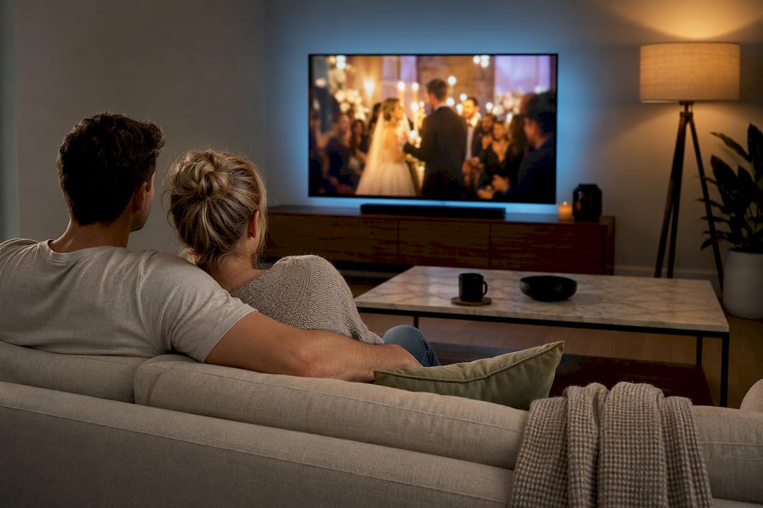 Couple reviewing a full wedding film