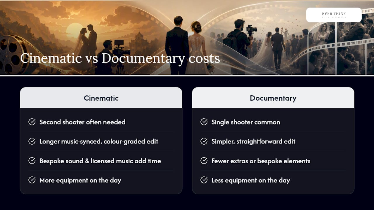What does cinematic vs documentary wedding video cost? — overview diagram